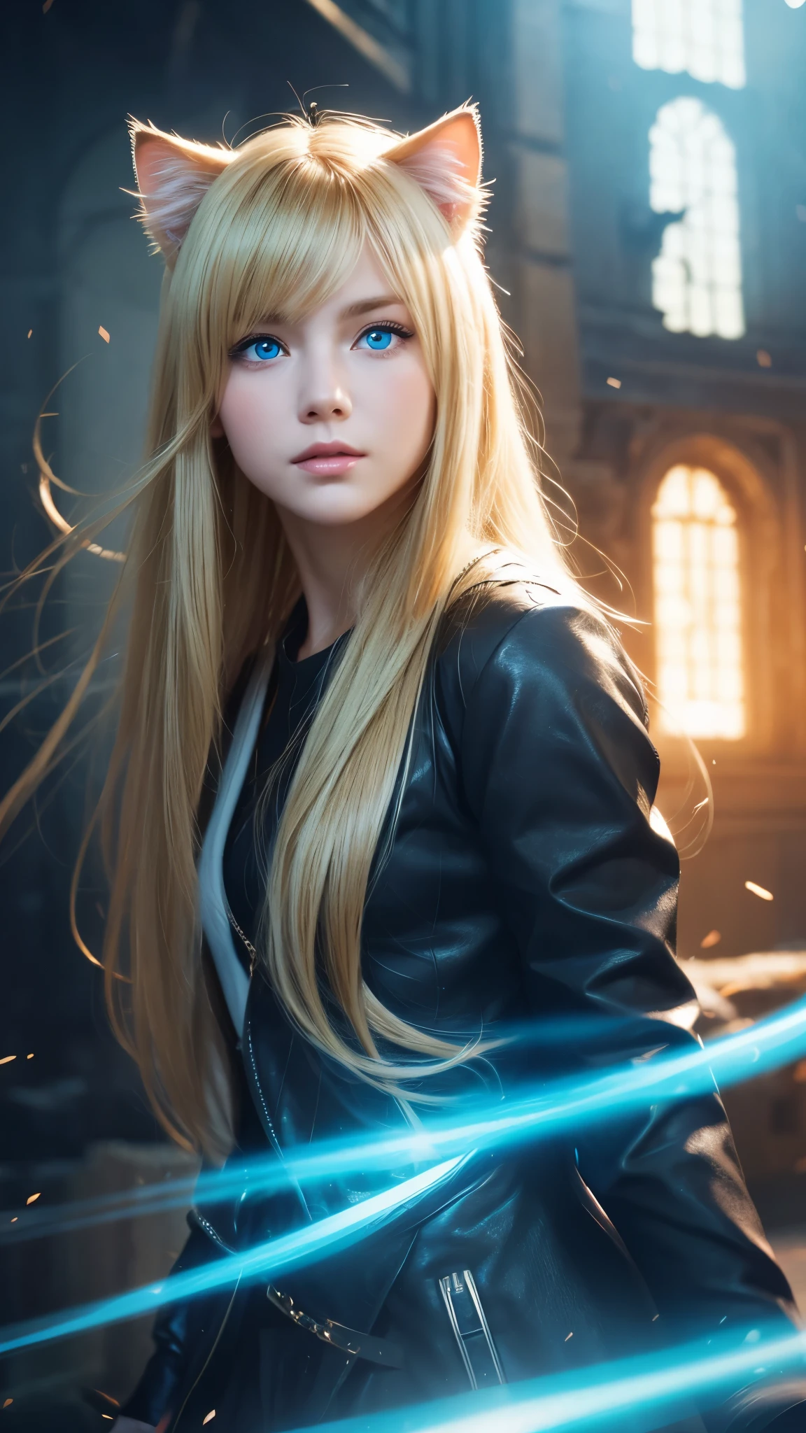One person, High resolution, Long Hair, sight, Shortcuts, blonde, blue eyes, Cat ear, Portraits, far and near method, Motion Blur, figure, Fantasy Background,