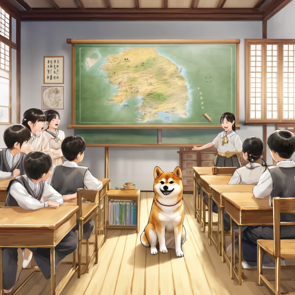 In the classroom、A scene where a Shiba Inu is giving a history lesson。Draw historical events and maps on the blackboard.、He teaches history to his students, sharing interesting anecdotes.。