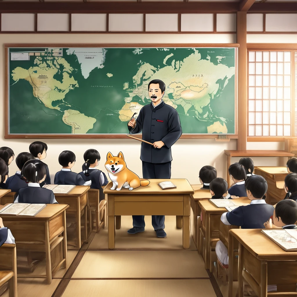 In the classroom、A scene where a Shiba Inu is giving a history lesson。Draw historical events and maps on the blackboard.、He teaches history to his students, sharing interesting anecdotes.。