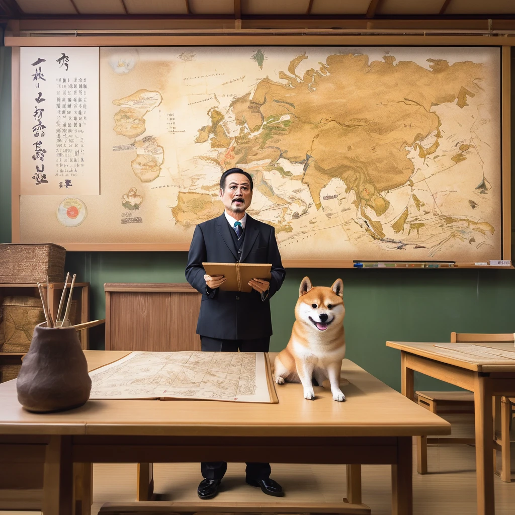 In the classroom、A scene where a Shiba Inu is giving a history lesson。Draw historical events and maps on the blackboard.、He teaches history to his students, sharing interesting anecdotes.。