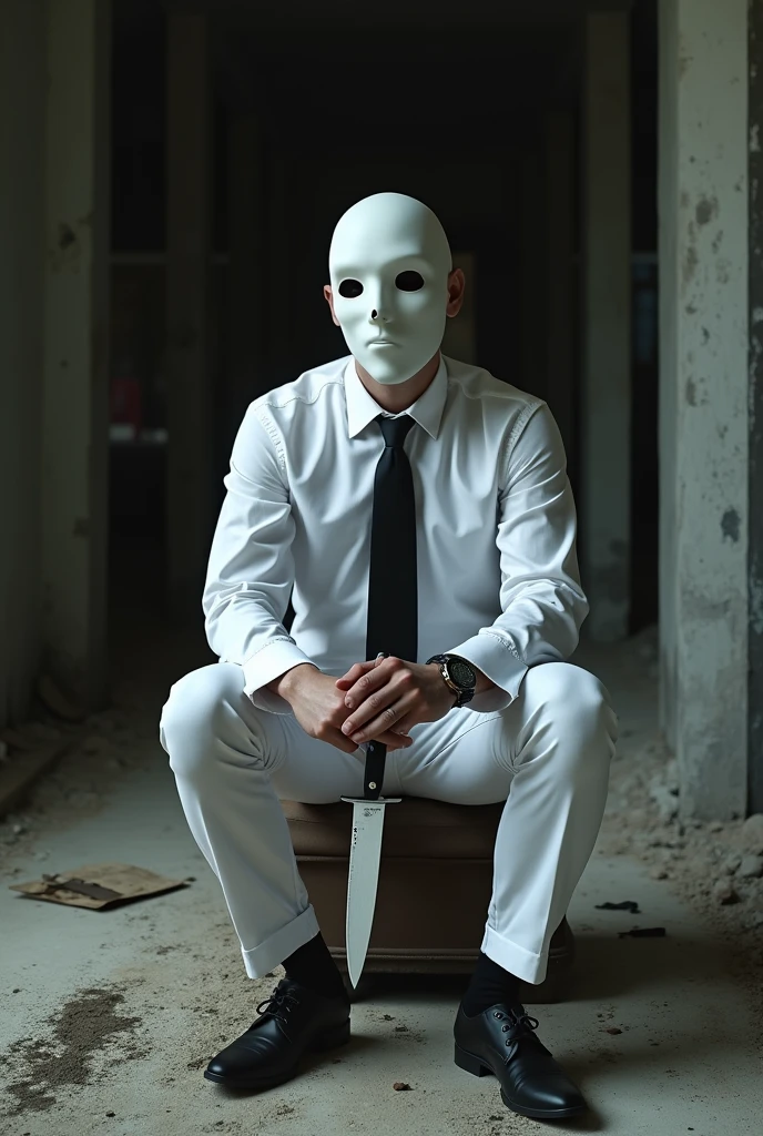 A man holding a knife Wearing white fit shirt, black tie, white fit pant, whte mask sitting on chair in construction room