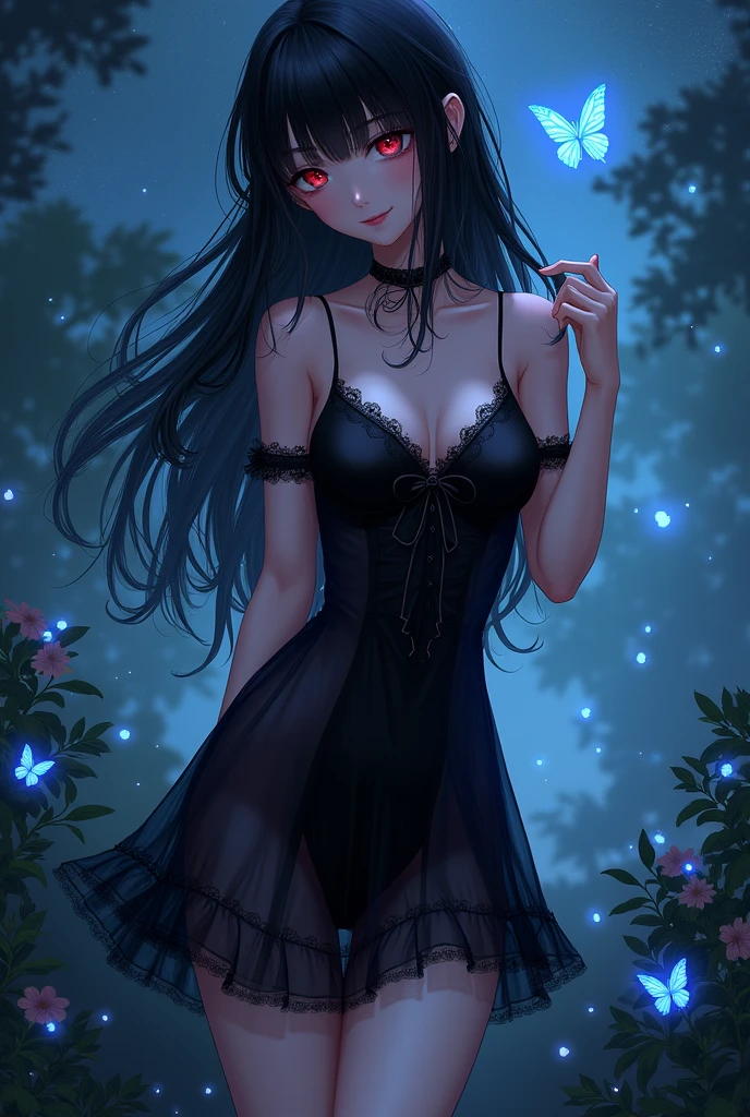 1 girl, goth, nature, sexy, big breasts, clit contour, luminescent, fair skin, black hair, standing, black dress, black see-through dress, arms up, hair adjustment, midriff, camel toe, smile, thigh gap, starry night, garden, outside, flowers, blue glowing butterflies, twilight style concept art, pony diffusion, concept art, realistic, expressive, gothgirl, black dress, see-through dress, black dress,red eyes