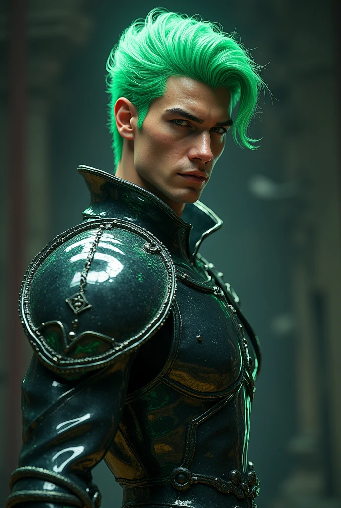 full body 3d HDR photorealistic ultra realism high definition aesthetic stabilized diffusion picture of handsome hunky Warrior Pluto , green hair ,in Dark gray crystal transparent sparkling shiny crystal glass chrome outfit armor,,look at camera, detailed facial parts,, studio as background, Freestyle Pose, Happy Expression, perfect anatomy, symmetric body,, 18 years old, :: high detail, a lean athletic body, realistic, human skin, extremely detailed fingers, chad chin,, masculine, human skin, (eyes contact), gorgeous, Attractiveness