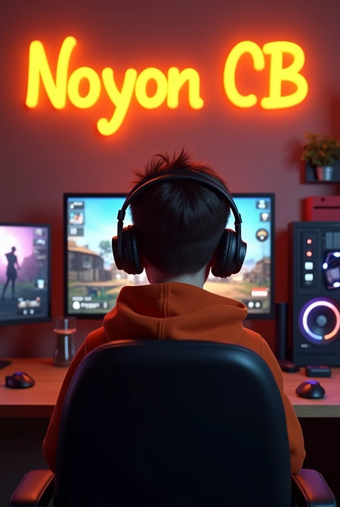 Create A 3D Realistic image of a Boy sitting in gaming room on gaming chair and playing on Free Fire application on his pc. The boy must wear dark orang hoodie headphones And his name "NOYON CB" is Written on the wall with orange colour neon light.
