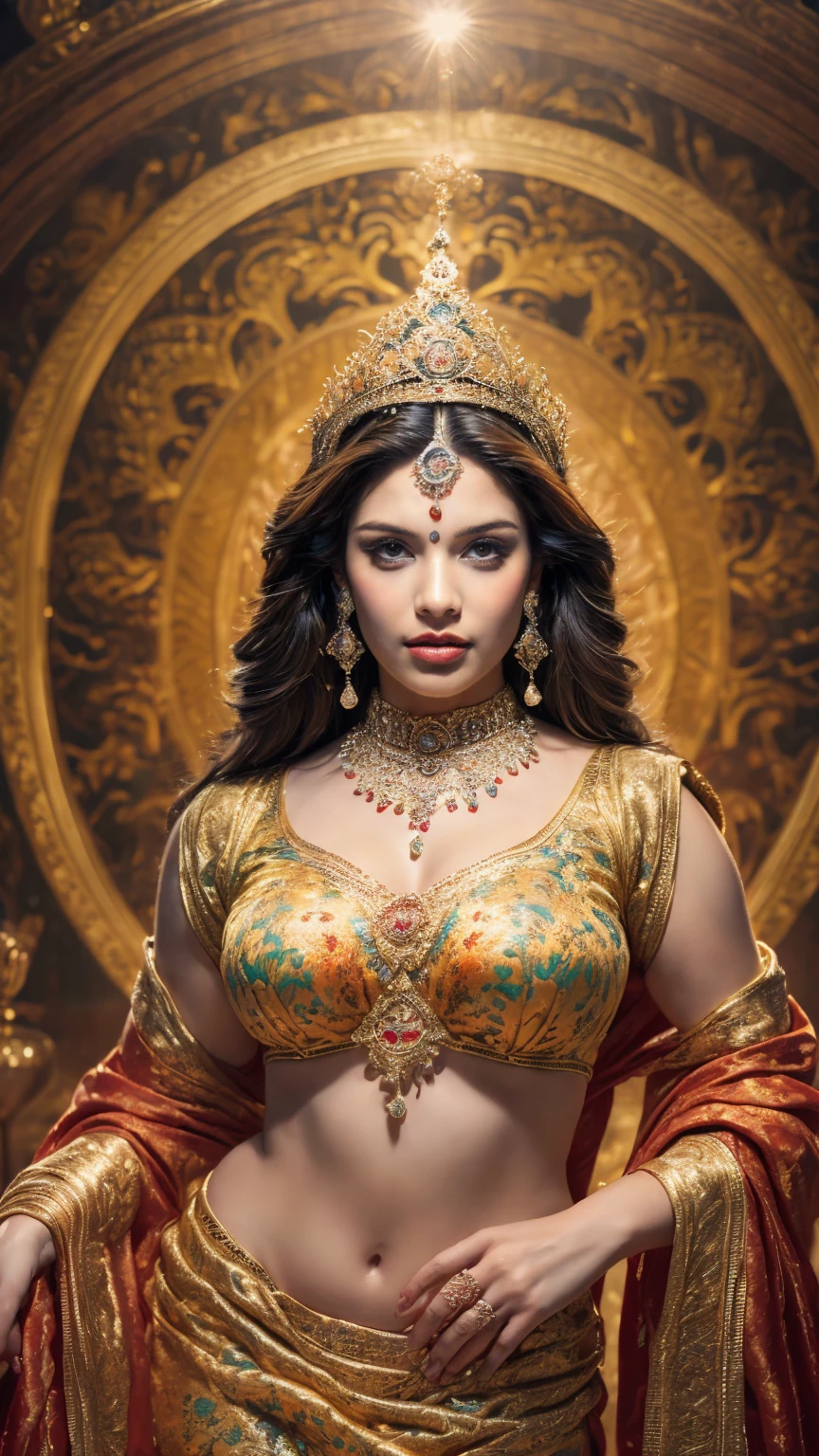 ((Best quality, 8k, Masterpiece :1.3)), Sharp focus :1.2, Generate a realistic image of a beautiful sexy Indian woman plus size body: 8.5 (masterpiece like a princess) dressed in a white ghagra and print bra, adorned with traditional ornaments, standing in a well-lit room with cinematic lighting. ((Front view, random elegant pose)), and there is a sense of grace and elegance in her posture. The background should complement the scene, enhancing the overall aesthetic appeal of the image. Photography by Brandon Woelfel, Full shot: Canon EF 16-35mm f/2.8L III USM lens on a Canon EOS 5D Mark IV camera, ultra realistic, 32k, HD