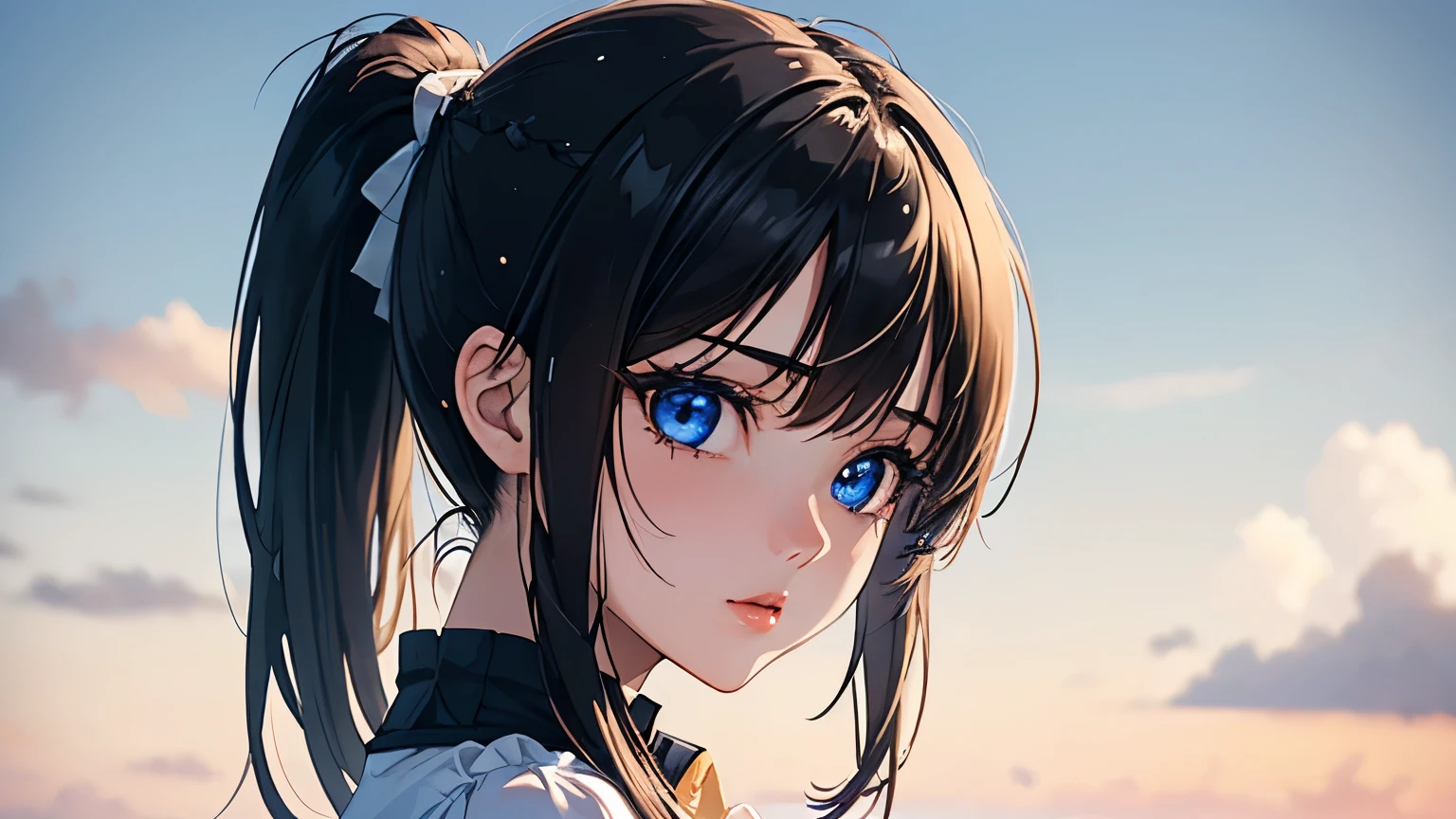 (Excellent: 1.2), (Highest Quality: 1.2), (Very Detailed: 1.2), (A girl looking at the sky, blue eyes, brunette, medium hair, bangs, short ponytail, long sleeves, black miniskirt), (((Very detailed eyes and face))), ), (Right side of screen), (Summer sky, daytime), (Big breasts, cleavage, 18 years old)
