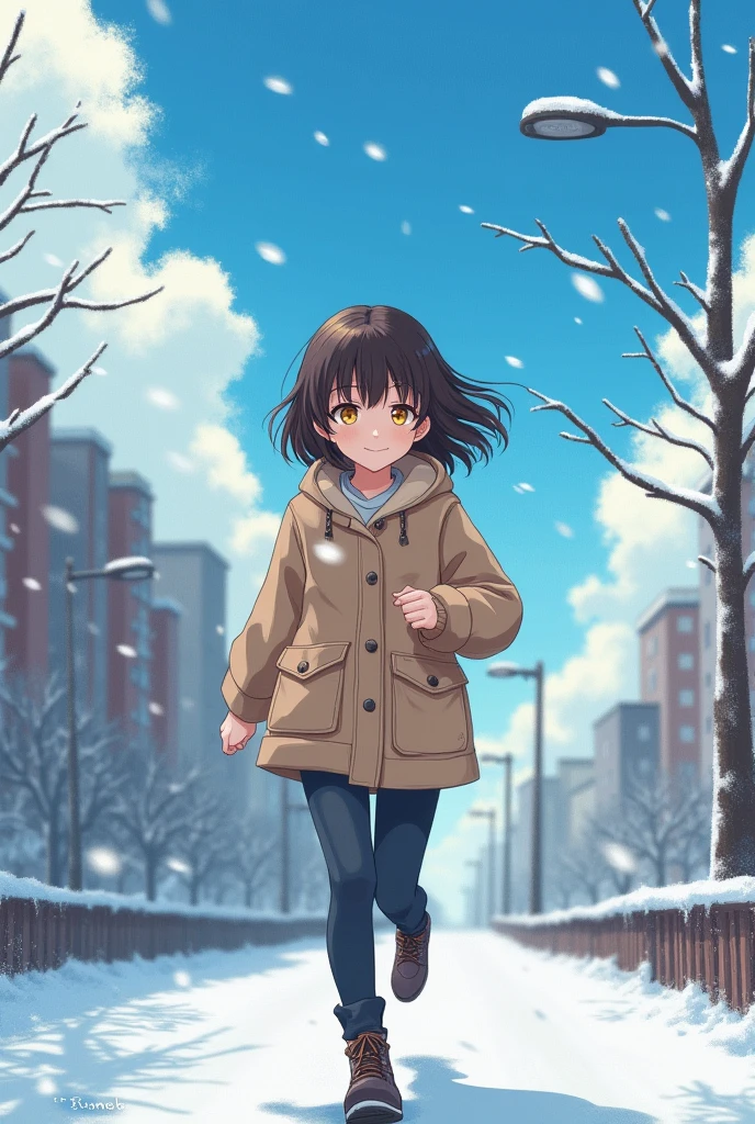 Dark brown hair，Short and delicate hair，By Bangs，Yellow eyes，cute，Seventeen-year-old girl，Winter Clothing，Background City，Blue sky and white clouds，run，The proportion of people in the painting is relatively small