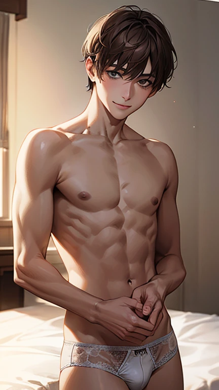 Highest quality、Realistic、zoom、man、cute、Grey Eyes、Light brown hair、short hair、Upper body naked、White briefs、thin、smile、Bedroom、Cowboy Shot