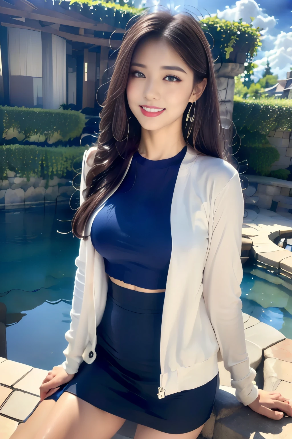 ((Highest quality, 8k, masterpiece :1.3)),lawyer,outside,Tokyo Disneyland,Cinderella Castle,Fountain and pond,(Full Body Shot),A very charming smile,Saggy breasts,Beautiful pose,Looking into the camera,Red lipstick:1.2,Dark lipstick:1.2, double eyelid,White T-shirt,Yellow Jacket,(Navy blue tight skirt),(masterpiece: 1.3), (Maximum resolution: 1.4), (Ultra-high resolution: 1.2), Cinematic Light, Ultra-high resolution, Detailed eyes and skin, 8k resolution, Perfect Style, Beautiful expression,Highly detailed face,Glossy Lips:1.2,Straight Hairstyles,look forward to,Very tall,blue sky