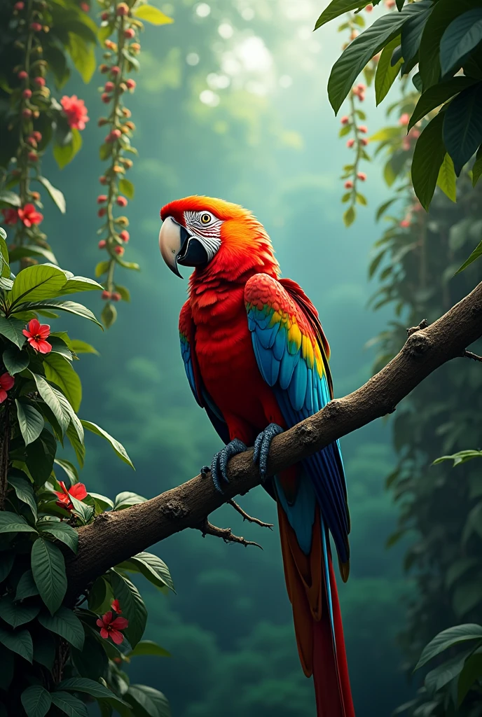 a vibrant macaw perched in a lush tropical tree br