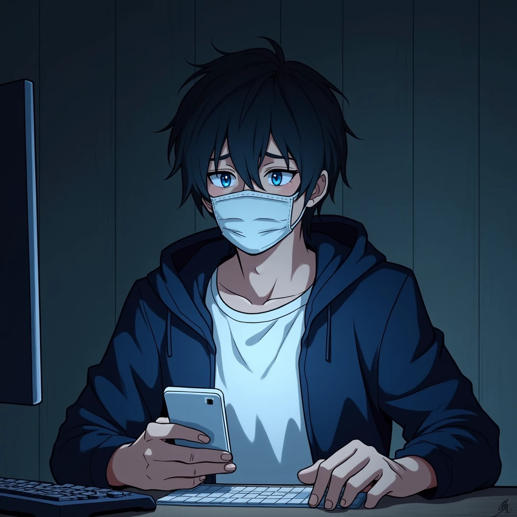 One person,Handsome,Black Hair, blue eyes, White T-shirt,Navy blue jacket,smartphone,computer,mask,Anime Style,An illustration,Drooping eyes,Illness,night,Streamer asymmetrical hairstyle, seems kind,Confused eyes,maskで鼻を隠す,Droopy eyes,Ruler