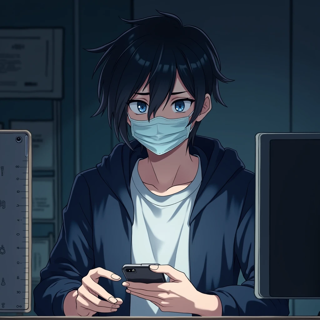 One person,Handsome,Black Hair, blue eyes, White T-shirt,Navy blue jacket,smartphone,computer,mask,Anime Style,An illustration,Drooping eyes,Illness,night,Streamer asymmetrical hairstyle, seems kind,Confused eyes,maskで鼻を隠す,Droopy eyes,Ruler