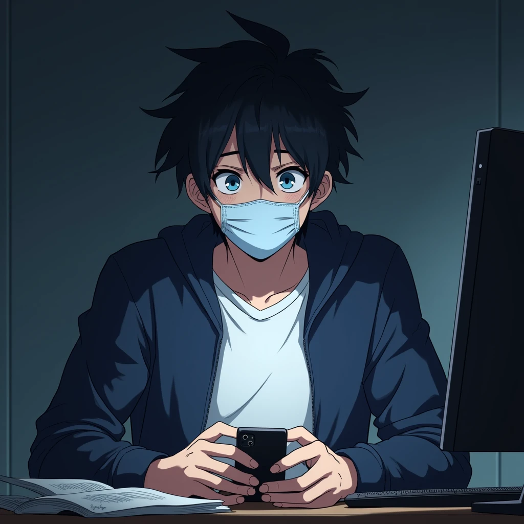 One person,Handsome,Black Hair, blue eyes, White T-shirt,Navy blue jacket,smartphone,computer,mask,Anime Style,An illustration,Drooping eyes,Illness,night,Streamer asymmetrical hairstyle, seems kind,Confused eyes,maskで鼻を隠す,Droopy eyes,Ruler
