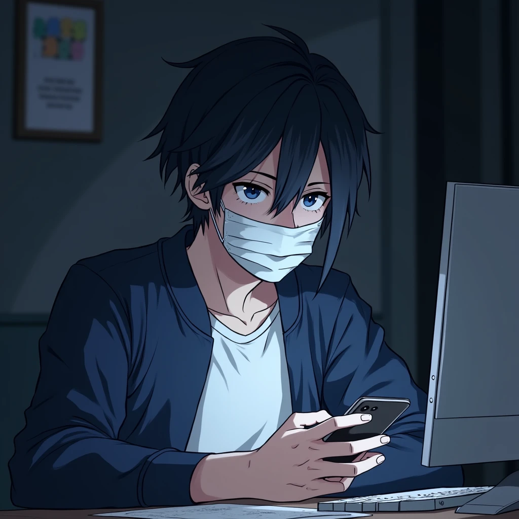 One person,Handsome,Black Hair, blue eyes, White T-shirt,Navy blue jacket,smartphone,computer,mask,Anime Style,An illustration,Drooping eyes,Illness,night,Streamer asymmetrical hairstyle, seems kind,Confused eyes,maskで鼻を隠す,Droopy eyes,Ruler