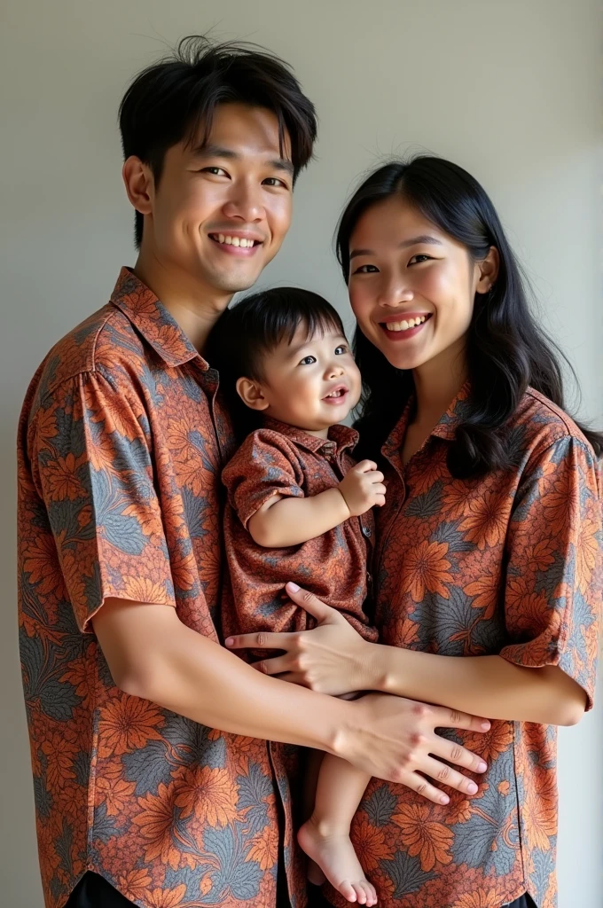 A 28 year old father wearing a batik shirt and a 25 year old mother wearing a batik shirt are taking a family photo with their 2  daughter wearing a batik shirt taking a close-up family photo.