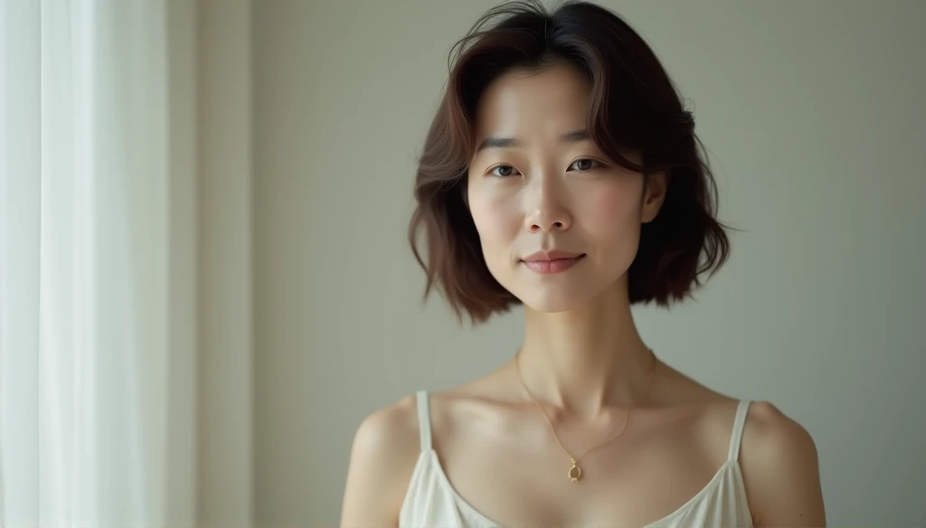Japanese women、50 years old、Brown Hair、Shortcuts、White camisole、Bcup、