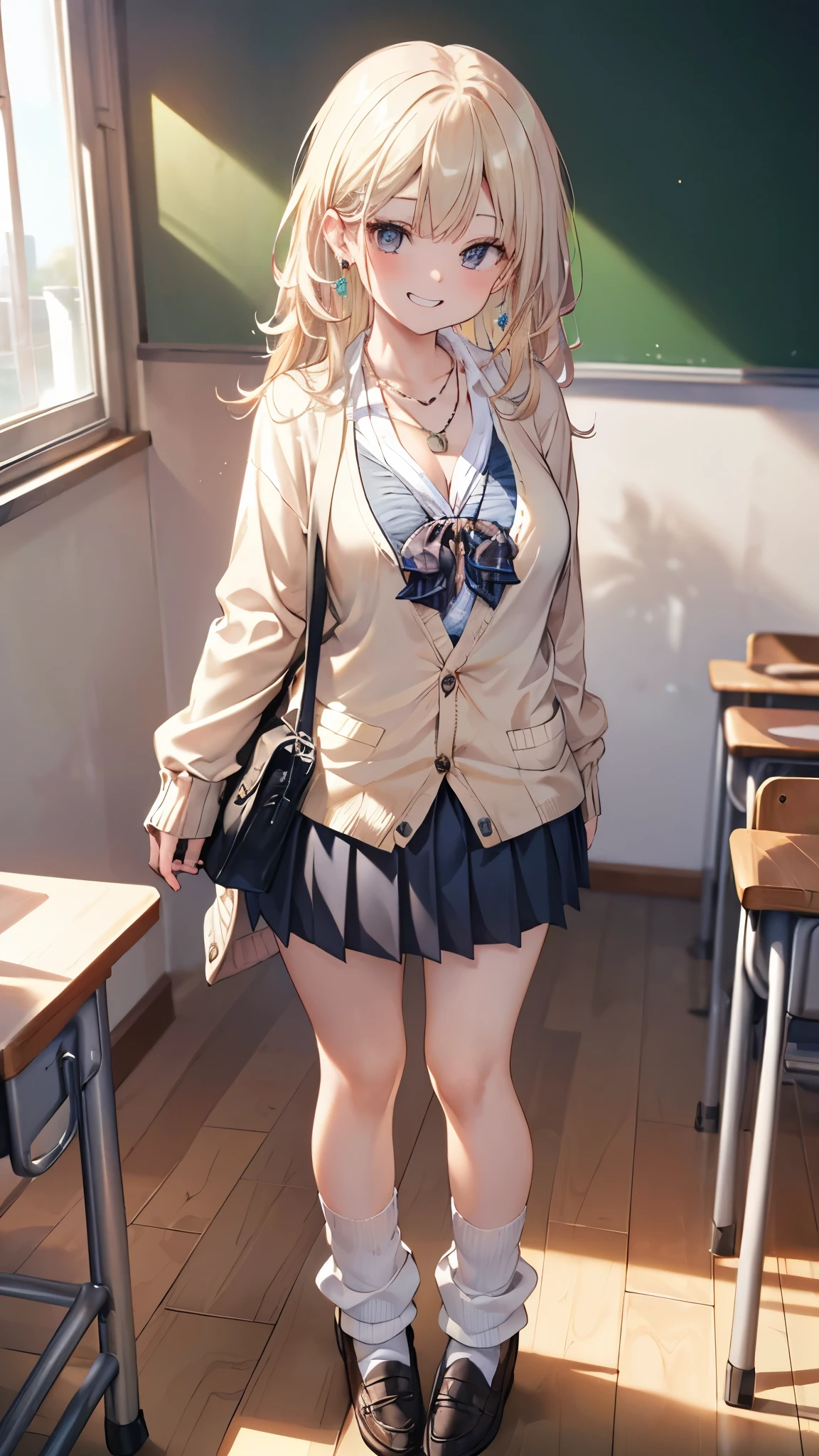(masterpiece、Highest quality、Very detailed))、one person's、Improve、blonde、Long Hair、Straight hair、Grey Eyes、Wicked Smile、((Grin))、((Lots of earrings))、Large Breasts、((White collared shirt))、((necklace))、((cardigan))、((Black pleated skirt))、((Micro Mini Skirt))、((White Buggy Socks))、loafers、((I had already finished))、Are standing、Classroom Background