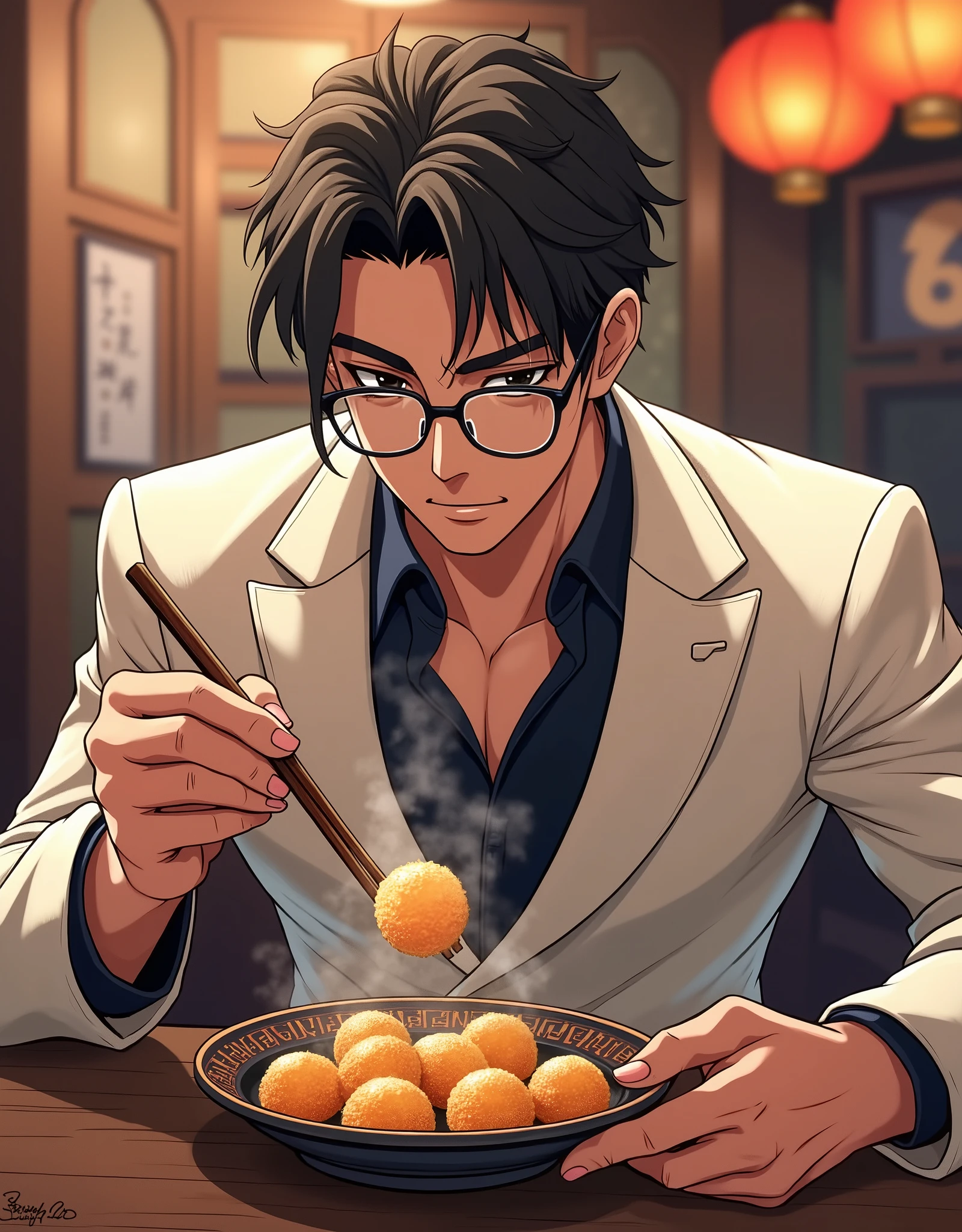 A handsome anime man wearing glasses is sitting and eating takoyaki.