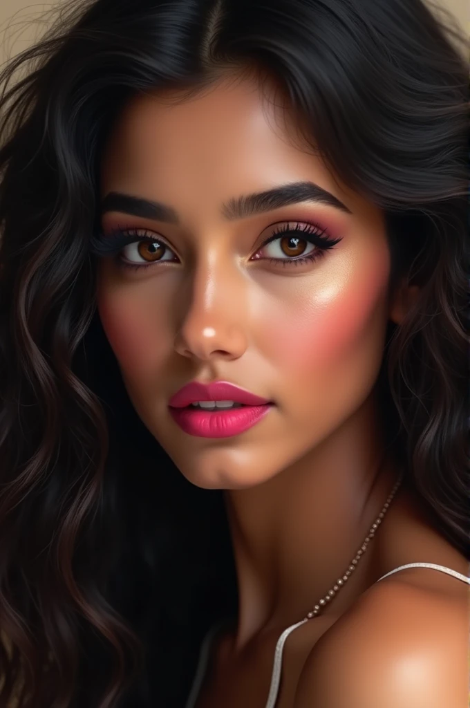 Beautiful Indian Women model, curly long hair style, pink lips, beautiful eyes