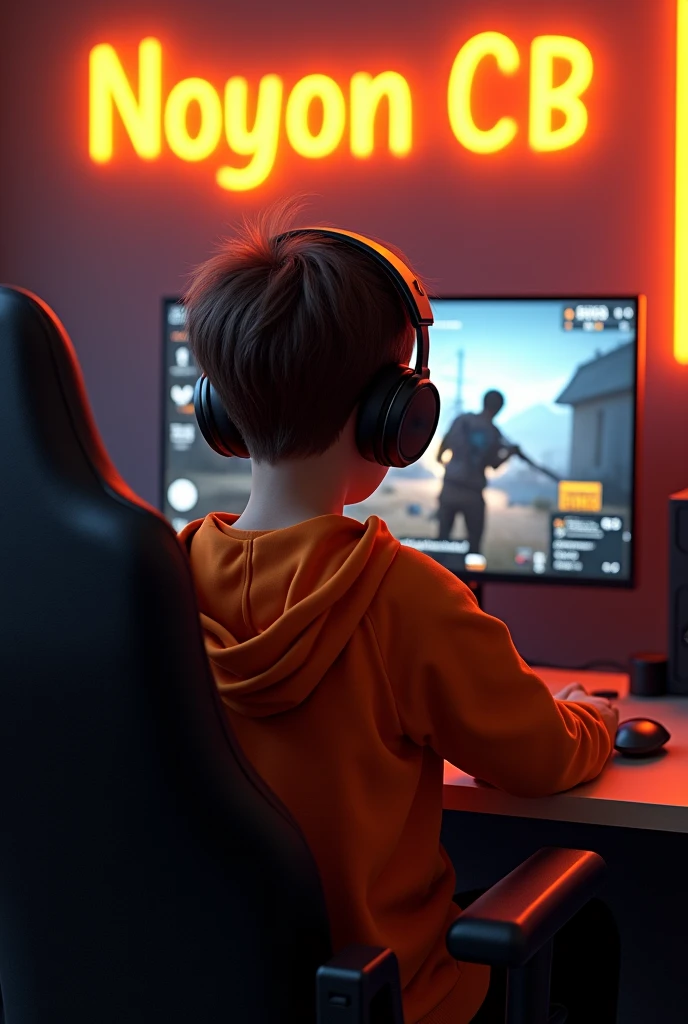 Create A 3D Realistic image of a Boy sitting in gaming room on gaming chair and playing on Free Fire application on his pc. The boy must wear dark orang hoodie headphones And his name "NOYON CB" is Written on the wall with orange colour neon light.