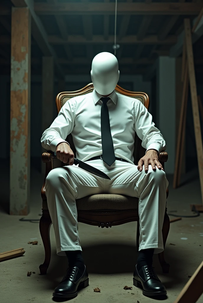 A man holding a knife Wearing white fit shirt, black tie, white fit pant, whte mask sitting on chair in under construction room 