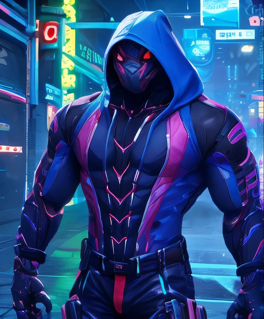 a muscular man in a neon blue jacket and black pants standing in a dark room, full body suit, wearing cultist neon blue robe, neon attire, character from mortal kombat, as a character in tekken, fighting game character, muscular male, cyberpunk assassin, neon blue hooded mage, cyberpunk outfits, crimson clothes, the neon blue ninja, wearing leather assassin armor, an edgy teen assassin, cool neon blue jacket, cyberpunk street goon