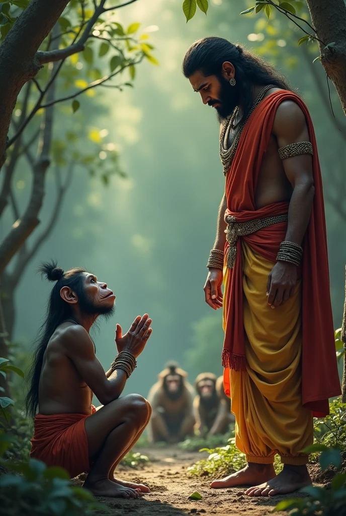 Here is a prompt to create an image based on the given chaupai from Tulsidas' Ramcharitmanas:
"A scene from the epic Ramayana where Sugriva, the monkey king, is shown in deep sorrow, pleading to Lord Rama. Sugriva is depicted with folded hands and a tearful expression, sitting on the ground in front of Lord Rama, who stands tall with a calm and compassionate demeanor. The background shows a dense forest, with Hanuman and other Vanaras (monkey warriors) in the distance, watching the scene with concern. The overall mood of the image is emotional and dramatic, highlighting the intensity of Sugriva's plea to Lord Rama."
This prompt should capture the essence of the chaupai and the emotional context within the Ramayana.