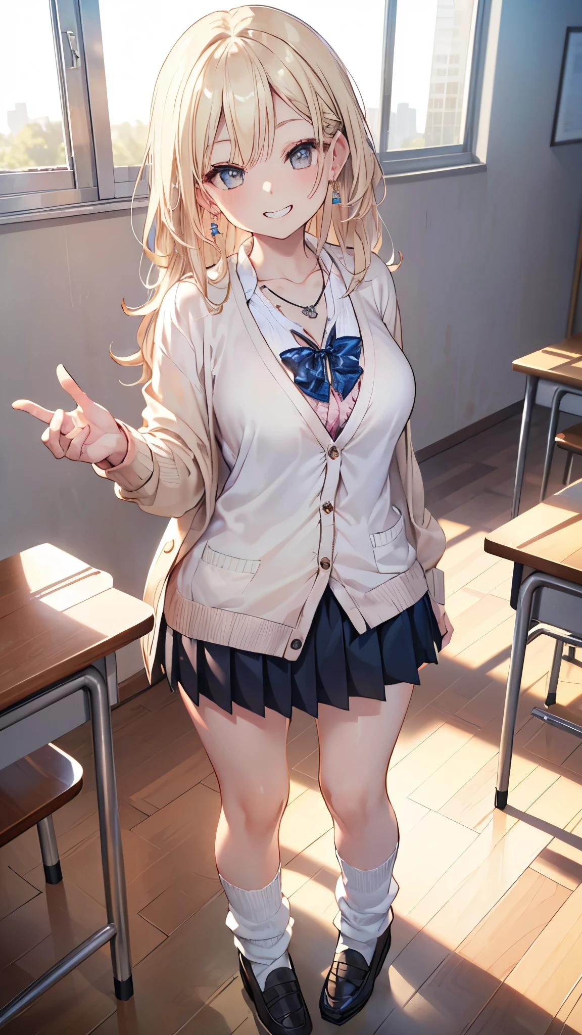 (masterpiece、Highest quality、Very detailed))、one person's、Improve、blonde、Long Hair、Straight hair、Grey Eyes、Wicked Smile、((Grin))、((Lots of earrings))、Large Breasts、((White collared shirt))、((necklace))、((cardigan))、((Black pleated skirt))、((Micro Mini Skirt))、((White Buggy Socks))、loafers、((I had already finished))、Are standing、Classroom Background