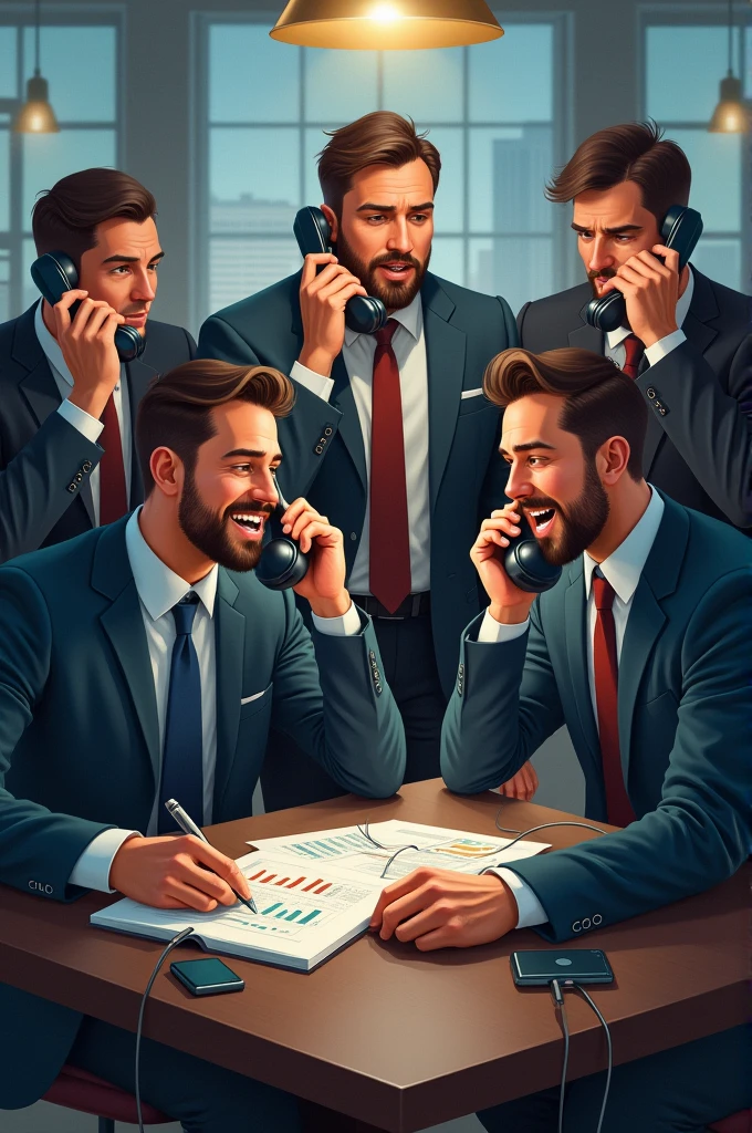 A group of men's use telephone