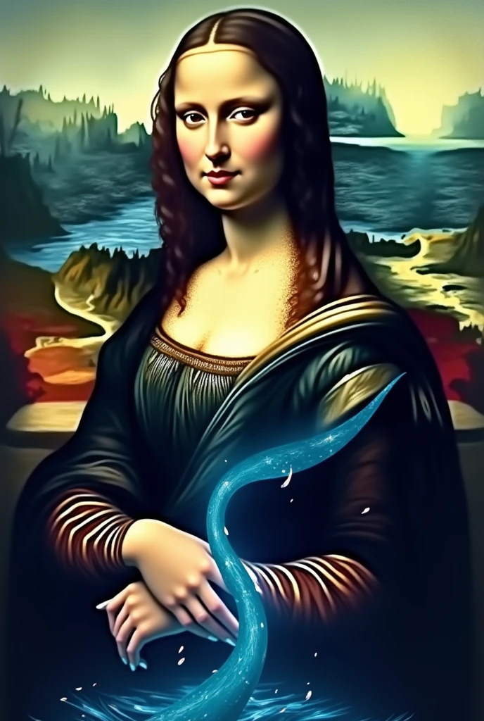 Mona Lisa artwork of a mermaid woman with a futuristic blue tail