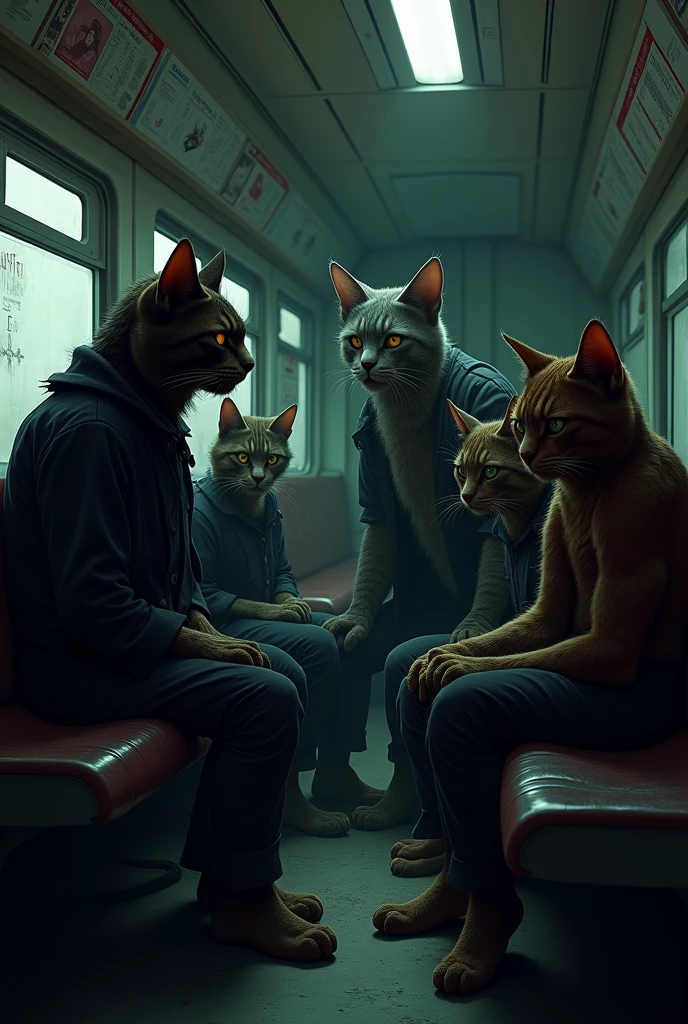 ## Scene 2: The Plot Thieves
* **Prompt:** "A group of shadowy, sinister-looking cats huddled together in a train compartment. Their leader, a tall, lanky cat with a crooked grin and narrow eyes, stands out, his gaze fixated on a muscular cat sitting a few seats away. The thieves are dressed in dark, tattered clothes, with mischievous and greedy expressions. The lighting is low, casting eerie shadows on their faces as they whisper and plot."