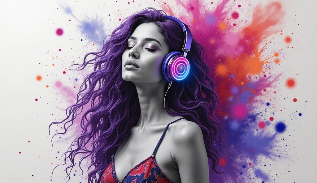 Stunning hyper-realistic pencil drawing captures the essence of artistic creativity and brilliance. En primer plano, A Indian woman with curly long purple hair wears vibrant, she has large breasts. colorful headphones that seem to pulse with energy. His serene expression conveys tranquility and peace, showing your enjoyment of music. Amid the chaotic symphony of acrylic paint splatters that surrounds her, parece perdida en su propio mundo. The backdrop is a beautiful chaos of colors, reflection of the creative spirit and limitless imagination of the artist. El contorno gris claro contrasta exquisitamente con los vibrantes colores, resaltando la excepcional habilidad del artista y su dominio del medio. The drawing captures the energy and movement of the scene, embodying the essence of artistic creativity and brilliance. Translation performed with the free version of the DeepL translator.com