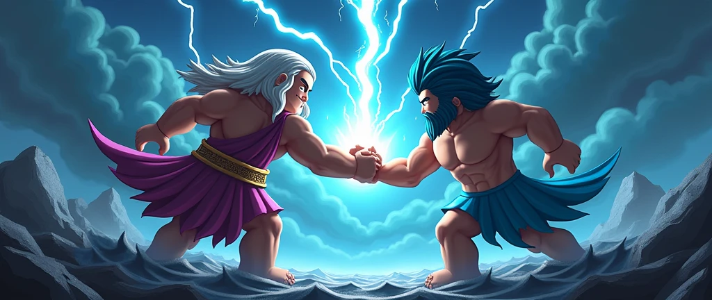 Zeus shooting lightning in the dark as a roblox character at Poseidon who is also a roblox character  (add text of the art saying Gods Of RNG and make it match the background)
