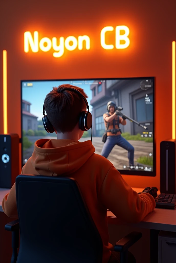Create A 3D Realistic image of a Boy sitting in gaming room on gaming chair and playing on Free Fire application on his pc. The boy must wear dark orang hoodie headphones And his name "NOYON CB" is Written on the wall with orange colour neon light.