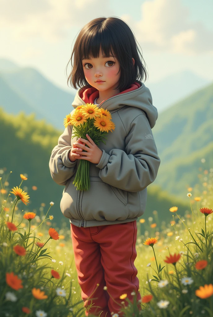 young girl with perfect posy in red fluffy fleece pants and sweaty grey jacket