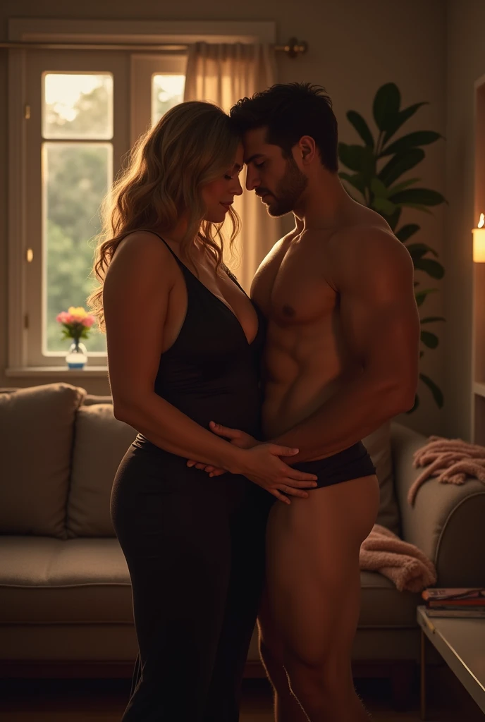 Sexy 50 years old busty woman spreading legs hugging 30 years young man, living room , doggy sexual position,full body