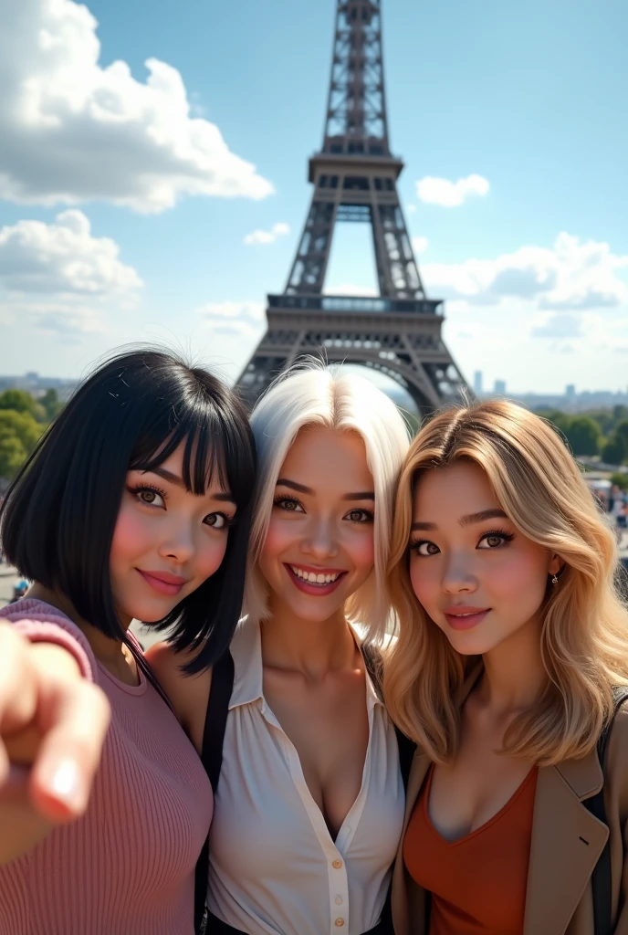 Make three girls, dark-eyed in front of the Eiffel Tower. one with short black hair, a very blonde blonde, and the other dark blonde. The three of them make a hand signal as if they were in a vlog
