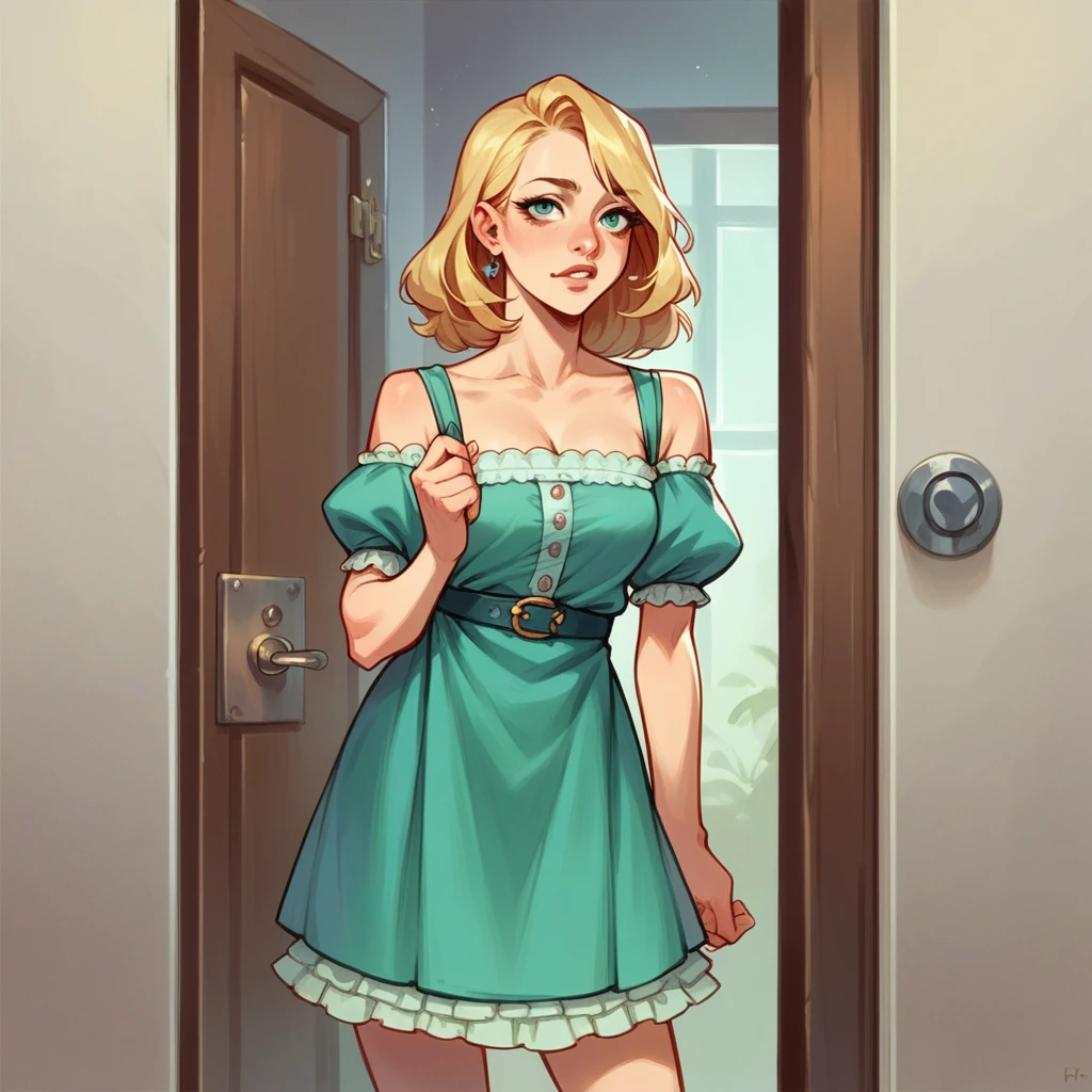 your ex (in her 20s) is at your front door. she has is picking up her stuff from your place. she has blonde hair and is wearing a dress.