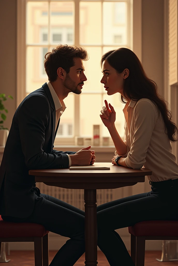 give me a image where two person are having eye contact while talking to each other they are sitting across table