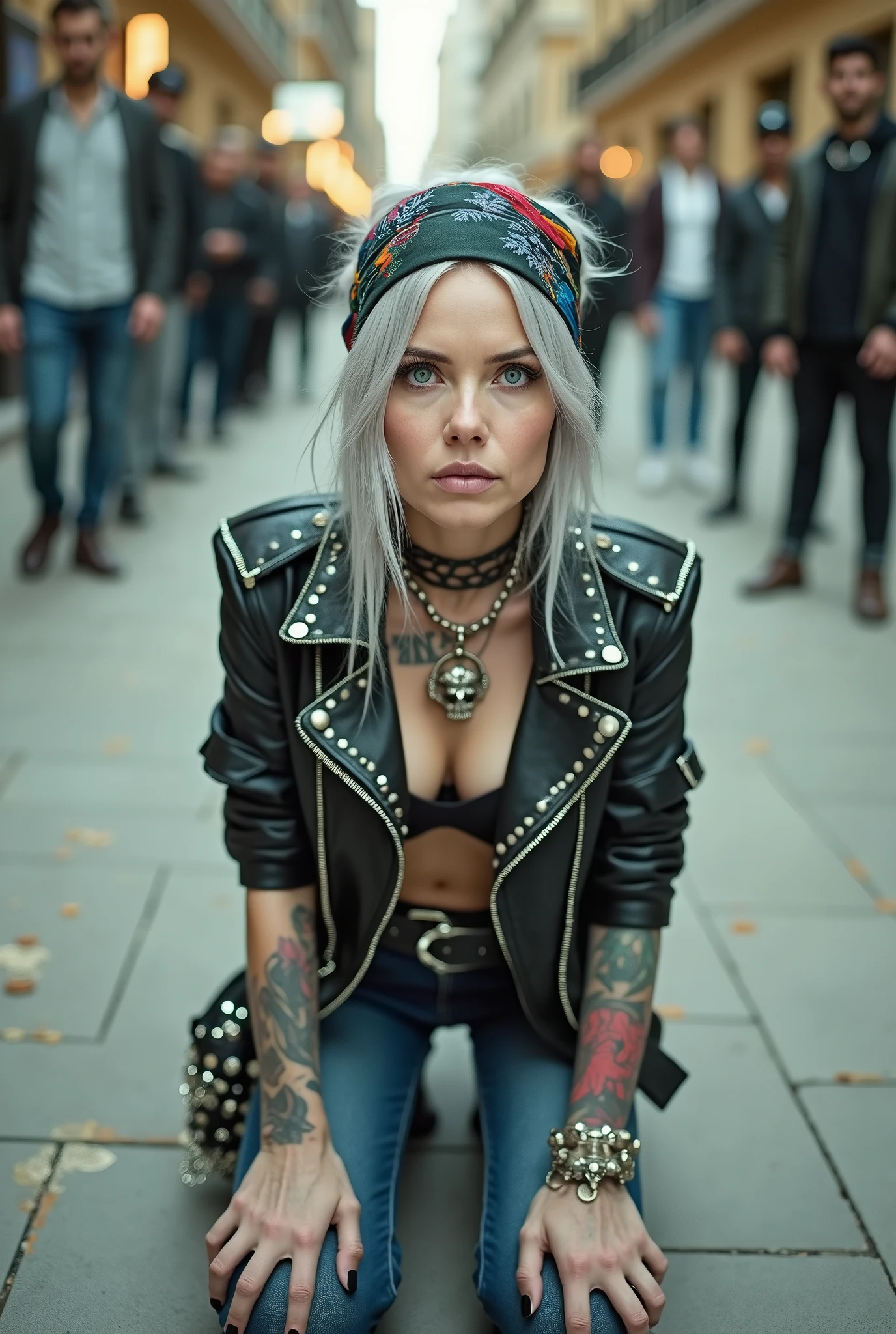 russian old woman, grey hair (middle part) and wide colourful bandana as headband, with very light blue eyes, extremely pale. Wearing studded cropped black moto jacket with lots of zippers and pins, black push up bra with white seams , dark skinny blue jeans and pointy silver Chelsea boots with cuban heels . Studded Choker. Lots of metallic bracelets and collars. Tacky wide studded leather belt with oversized skull and bones buckle. Long bohemian earrings. Kneeling like in a payer, looking at the camera, humbial expression. Hands on her knees, studded black leather tote bag with chains Listening in amazement to somebody speaking to her, toned six pack abdominals, thin neck, slim legs and thin arms. Tattoed heavily. A lot of people around looking at her, next to her, coins and all her belongings on the floor