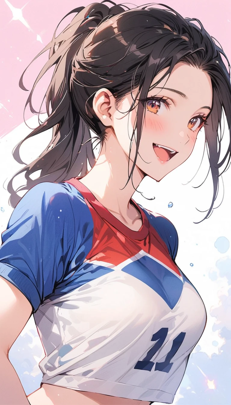 beauty ponytail Black Hair smile Embarrassing blush Joyful fine tits White gym clothes Navy blue high cut underwear pubic hair gym Photograph the whole body