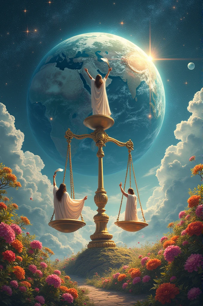 It is present in the entire universe, it is permanent. Very great virtuous souls are flying in it. There is a scale in it. There are three people on one side of the scale. There is also the world of Brahma Vishnu Mahesh. Behind there is a very big beautiful photo showing the face of the entire earth with flowers all around.