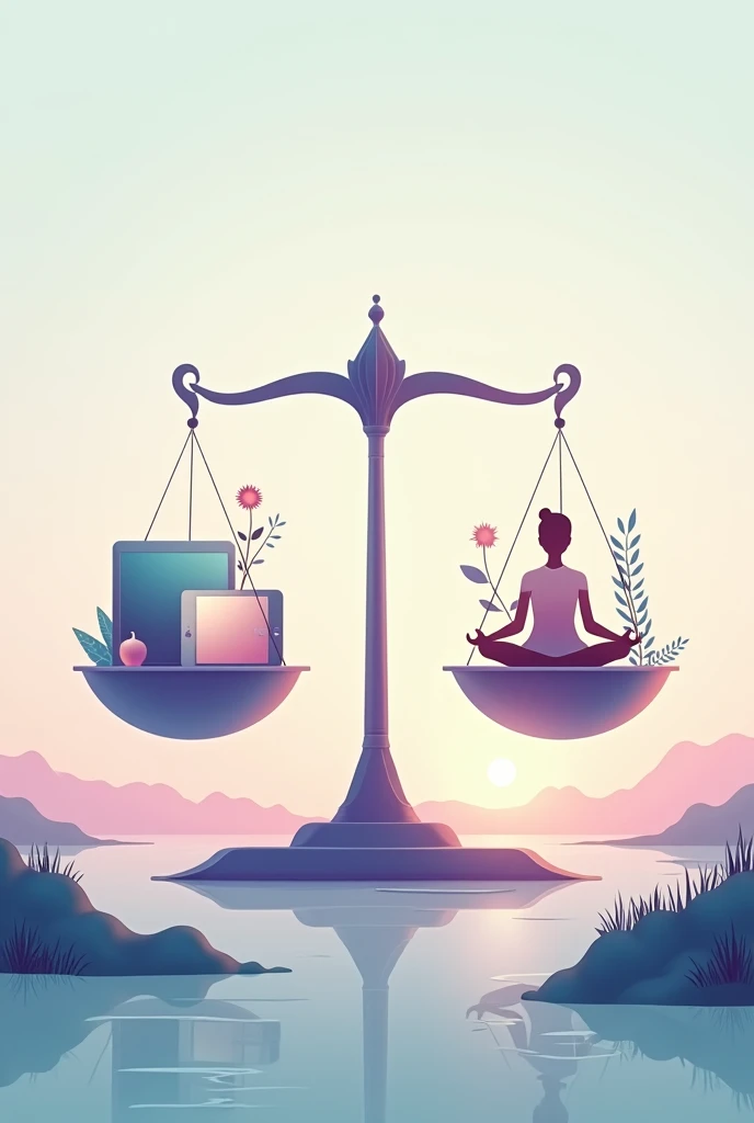 Illustrate a scale balancing technology and mindfulness. On one side, include items like smartphones, tablets, and computers. On the other side, depict mindfulness symbols such as a person meditating, nature elements (e.g., a tree, flowers), or a serene landscape. Ensure the scale is balanced to symbolize equilibrium.
Color Palette: Use harmonious pastel colors like soft purples, greens, and blues to create a peaceful and balanced visual.
Don’t add technology related items on mindful side and don’t add mindful related items on technology side. On a scale one side represents technology only and other side represents mindfulness only
