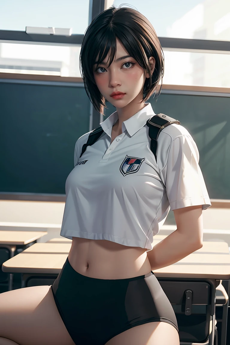 1 girl, ภาพช็อตของ re4ashley, About sports, black , white shirt, classroom, Volumetric light, best quality, Masterpiece, complicated details, Tone mapping, Sharp focus, There are too many details., Trending on artstation, realistic, 