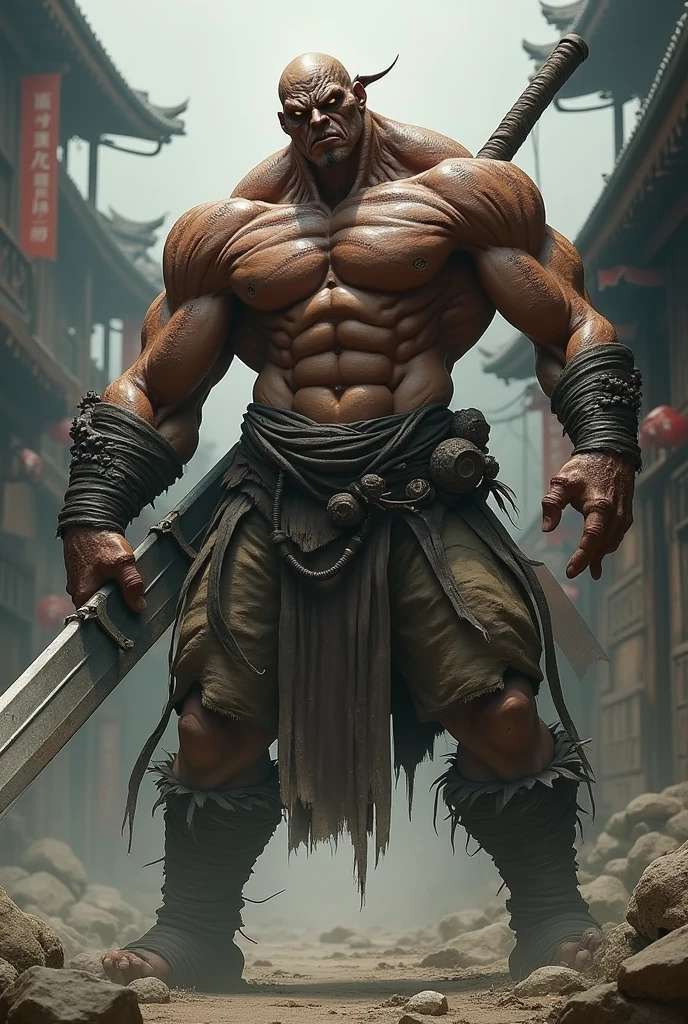 One-eyed monster,,Brown skin, topless,With a giant sword,Male monster,Bandaged hand,Japanese,Japanese style、muscle