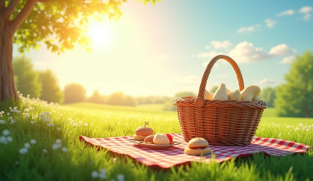 a bright day with a picnic basket and mat on a grass