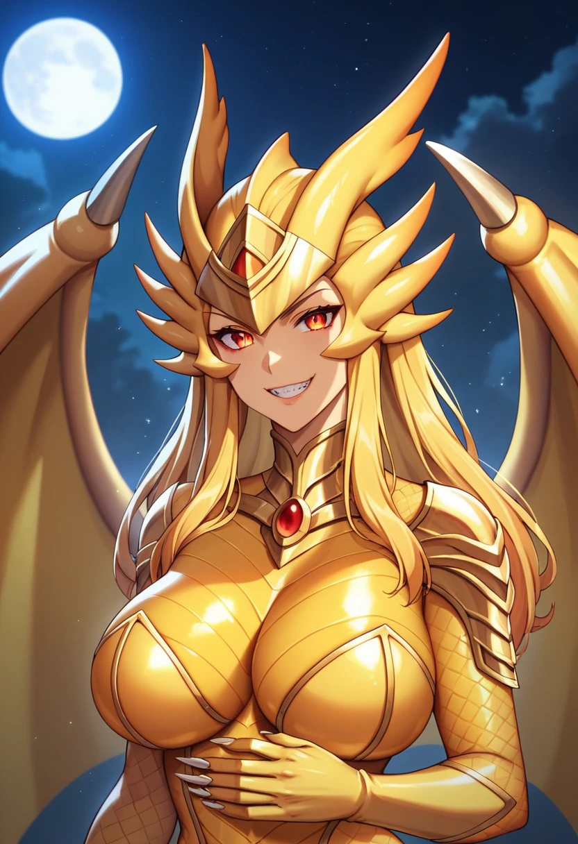 , score_9, score_8_up, score_7_up, score_6_up, BREAK source_anime, best quality, masterpiece, 1girl, golden dragon girl, dragon, scalie, golden skin, golden clothing, one-piece bodysuit, golden shining bodysuit, voluptuous, golden hair, red-eyes, golden dragon wings, golden dragon tail, big large breasts, golden gloves, silver claws, golden thighhighs, golden dragon clawhand, golden dragon clawfeet, black dragon helmet, sassy, evil grin, seductive, horny, looking at viewer, night sky, post-apocalypse, crumbling city on background, late night, moon, dark alleyway, detailed face, half-length portrait, rounded shape ass, sexy, beautiful face, flawless face, detailed eyes, large eyes, beautiful girl,