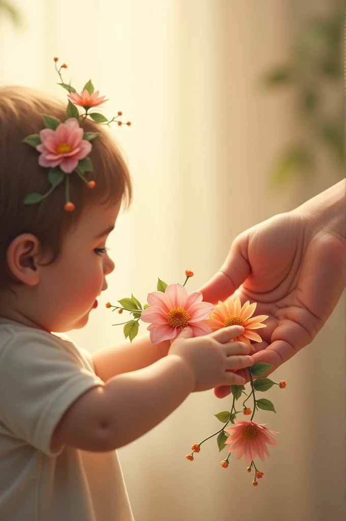 The child&#39;s hand hands the garland to the mother&#39;s hand.