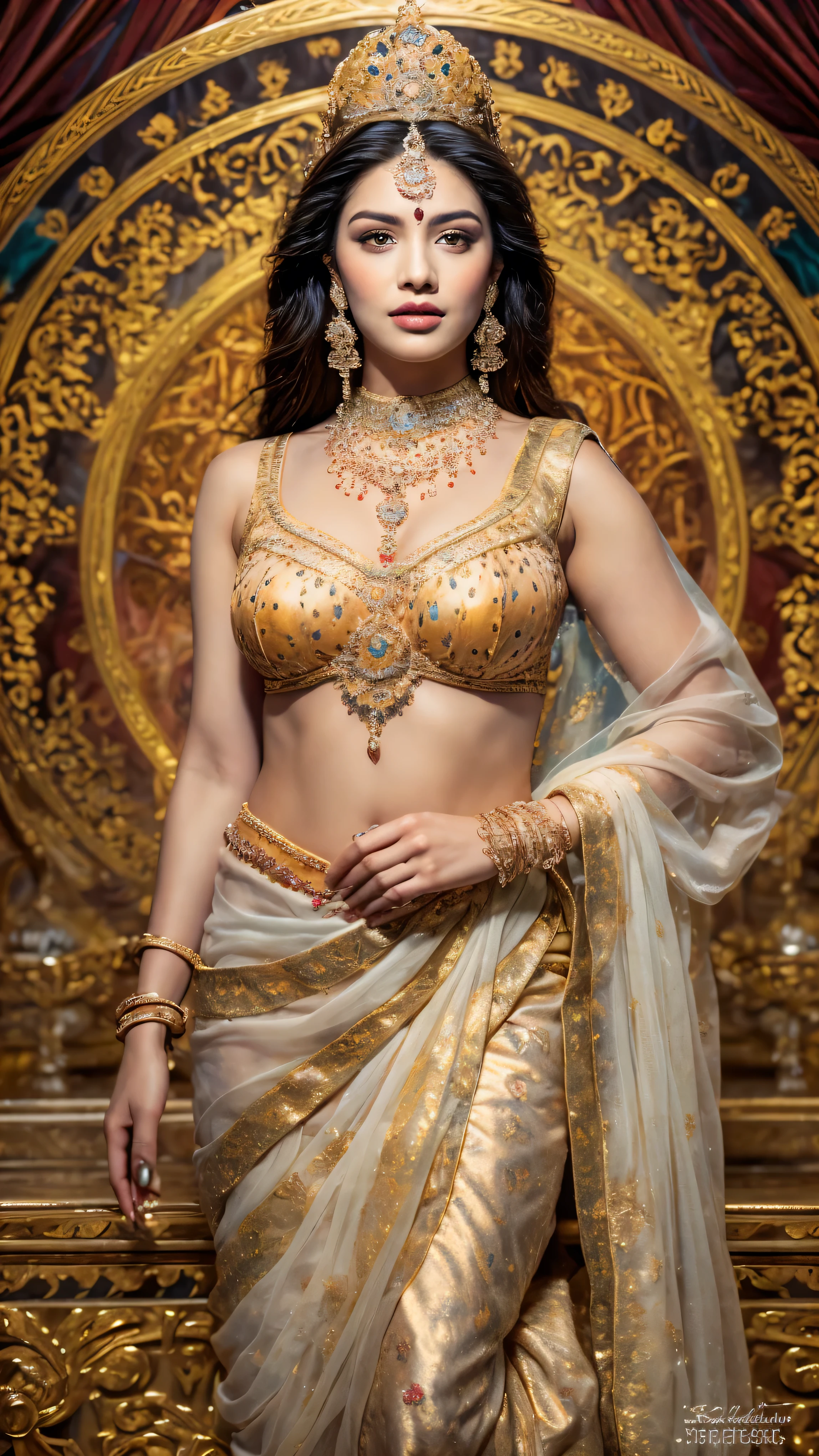 ((Best quality, 8k, Masterpiece :1.3)), Sharp focus :1.2, Generate a realistic image of a beautiful sexy Indian woman plus size body: 8.5 (masterpiece like a princess) dressed in a white ghagra and print bra, adorned with traditional ornaments, standing in a well-lit room with cinematic lighting. ((Front view, random elegant pose)), and there is a sense of grace and elegance in her posture. The background should complement the scene, enhancing the overall aesthetic appeal of the image. Photography by Brandon Woelfel, Full shot: Canon EF 16-35mm f/2.8L III USM lens on a Canon EOS 5D Mark IV camera, ultra realistic, 32k, HD