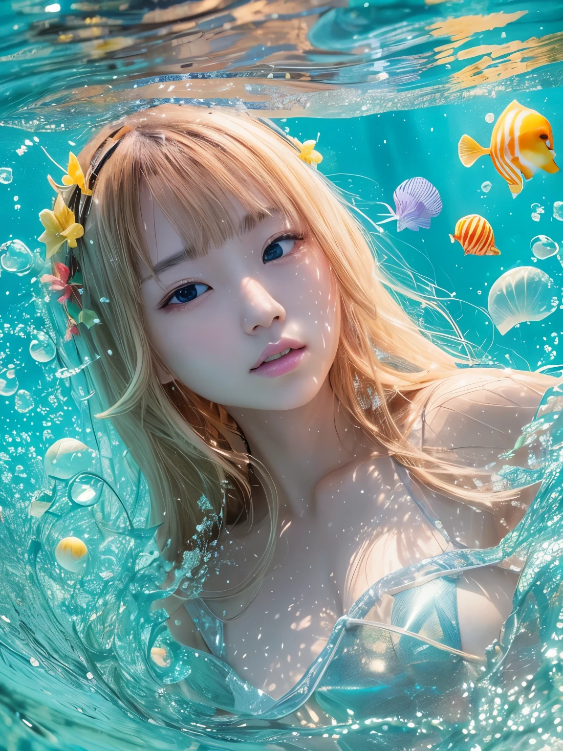 best quality, masterpiece,under water, under the sea, head floating, air bubbles, sunbeams, sunbeams, smiling, cowboyshot